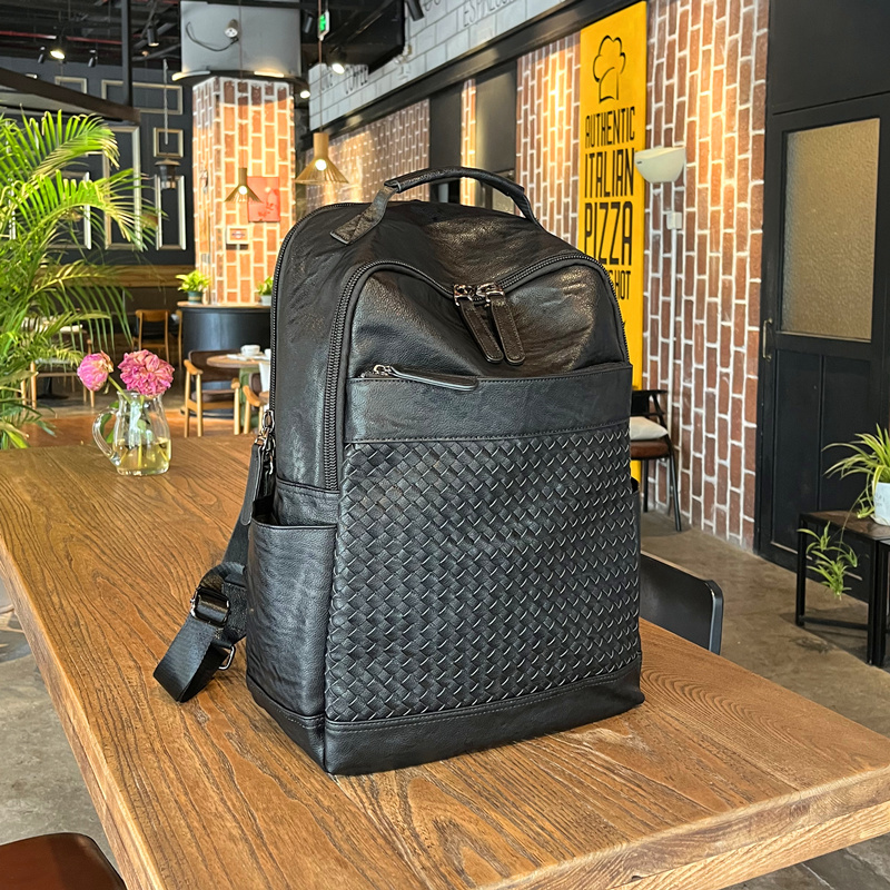 Hong Kong Mahenl Knrs Men's Backpack Mk Cowhide Large Capacity Travel Computer Bag Woven Genuine Leather