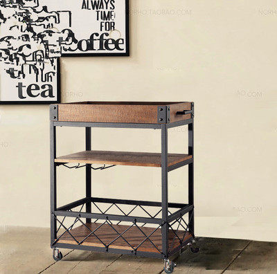 American Wrought iron solid wood dining car Retro cart dining cabinet Dining room household rack Mobile wine rack KTV wine cart