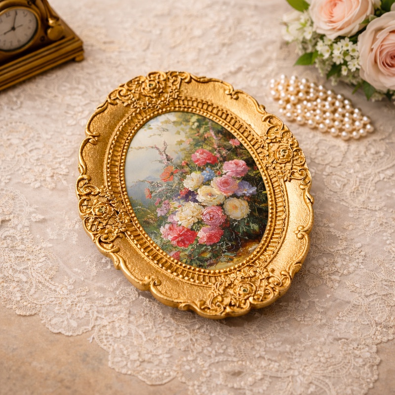 Golden Carved Oval Picture Frame Decorative Frame Small Ornament Small Picture Frame