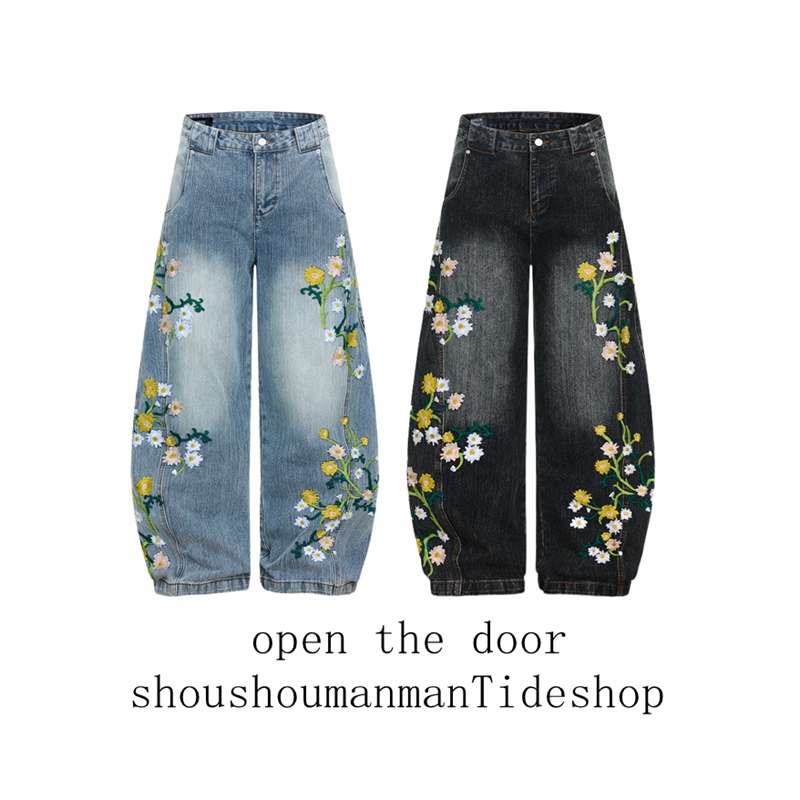 Vintage Floral Embroidered Washed Blue Denim Scimitar Pants for Men, Trendy American Style Straight-Leg Vibe Wide-Leg Trousers for Women