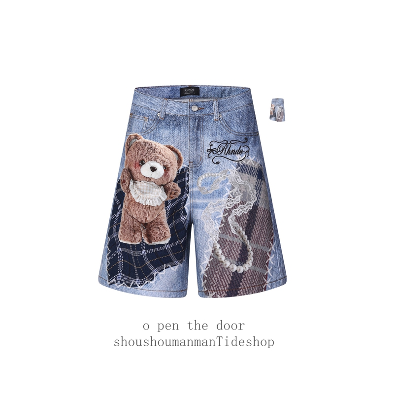 American-Style Fun Printed Crystal Bear Denim Shorts for Men and Women, Loose Straight-Leg Trendy Brand 3D Printed Couple Casual Pants American-Style Fun Printed Crystal Bear Denim Shorts for Men and Women, Loose Straight-Leg Trendy Brand 3D Printed Couple Casual Pants