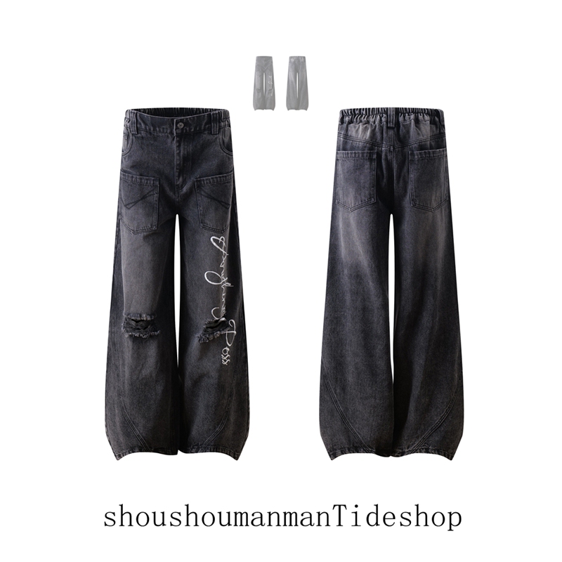 Reverse Pocket Design Ripped Washed Scissor-Cut Jeans Unisex American Style Loose Elastic Drapey Floor-Length Casual Pants