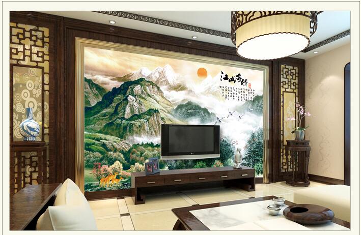 màn hình tivi sony TV giấy dán tường 8D bức tranh tường video phong cách Trung Quốc 5D tường vải trang trí tranh phong cảnh 3d không dệt hình nền - TV tivi sony 55 inch