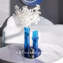 A modern simple European style light luxury silver Amber blue flat cylindrical glass flower decoration soft decoration