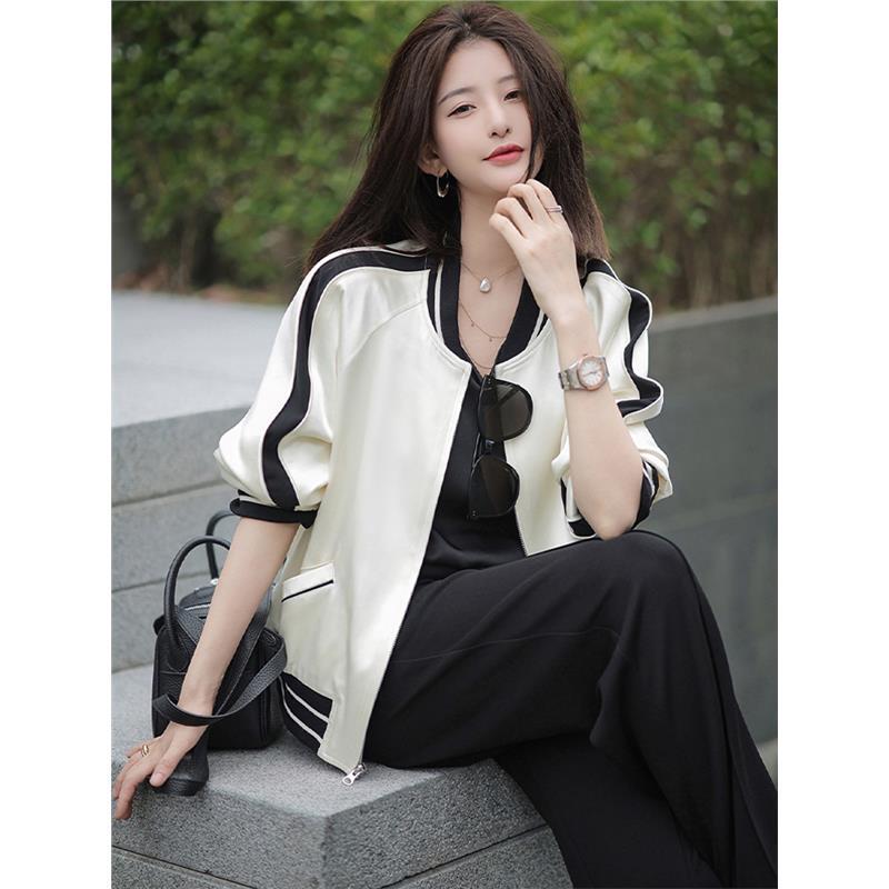 Korean Style Short Baseball Jacket for Women, Spring 2026 New Popular Style, High-End Loose Acetate Satin Jacket Top Korean Style Short Baseball Jacket for Women, Spring 2026 New Popular Style, High-End Loose Acetate Satin Jacket Top