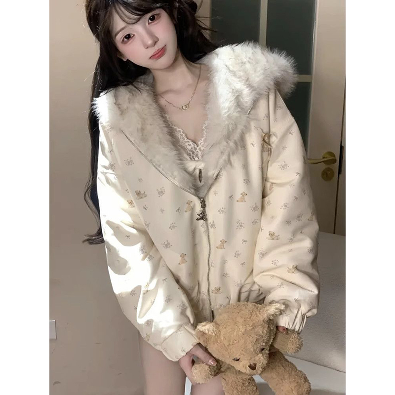 French-Style Gentle and Cute Dog-Printed Hooded Fur Cotton Jacket with Cat Ears for Women, Versatile Winter Zip-Up Cotton Coat