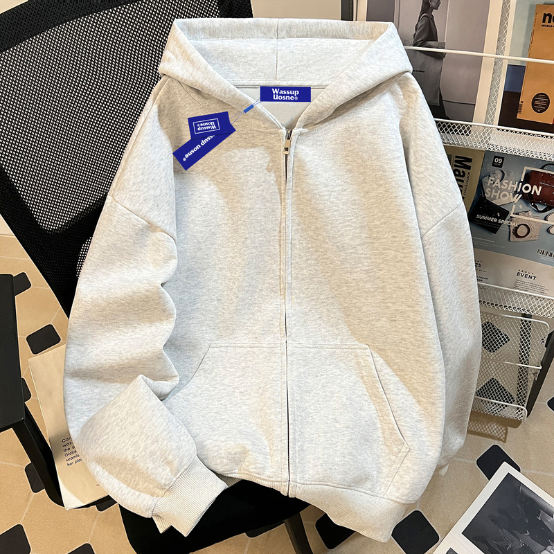 Wassup American Retro Simple Cardigan Hooded Sweatshirt for Men, New Heavy Loose Casual Jacket for Autumn and Winter, Trendy