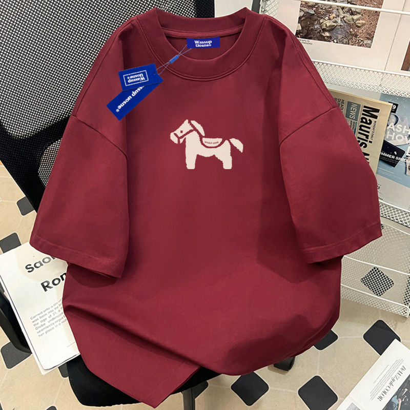 Wassup Year of the Horse Zodiac Year Burgundy Heavy Cotton Short-Sleeve T-Shirt for Men 2026 New Style Couple Loose Short-Sleeve