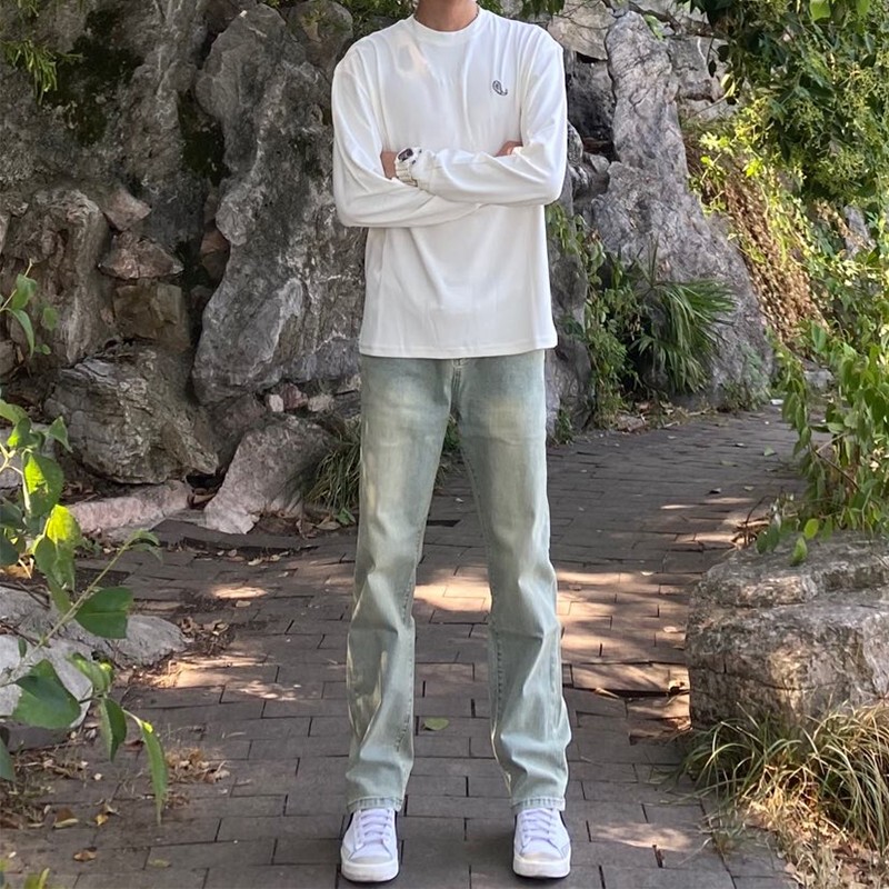 American Retro Yellow Mud-Dyed Jeans for Men, Spring High Street ins Trendy Distressed Straight-Leg Pants, Versatile Casual Long Pants