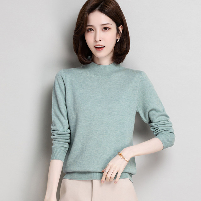 All-match half turtleneck sweater women's pure wool sweater autumn and winter 2021 new loose pullover knitted bottoming shirt inside