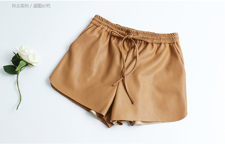 Chất lượng cao giả da cừu màu rắn co giãn eo pu da quần short nữ mùa thu và mùa đông mới dòng rộng chiều rộng chân quần da thường quần quần thể thao cho nữ