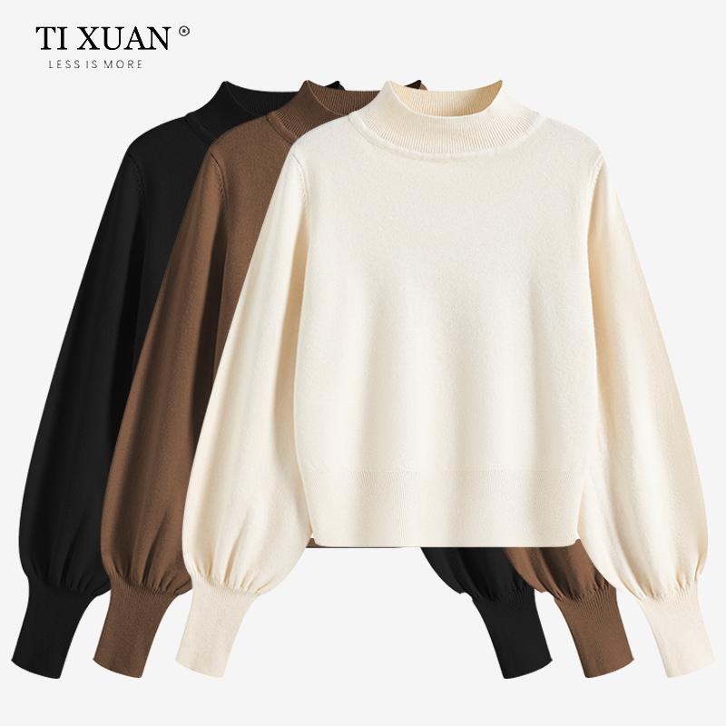 Autumn and Winter Half-Turtleneck Sweater for Women, Loose Knit Base Shirt with Lantern Sleeves, Stand Collar, Solid Color, Short Style, Slimming Top