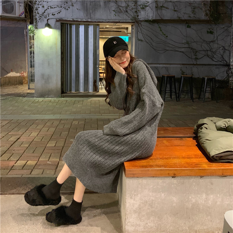 Mid-Length Over-The-Knee Thick Sweater Dress for Women 2023 Autumn and Winter New Loose Hooded Knitted Dress for Women