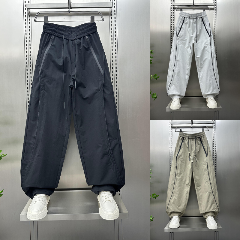 Trendy Brand Patchwork Striped Straight-Leg Sports Pants for Men, New Summer Breathable Quick-Dry Casual Pants with Pockets and Zippers
