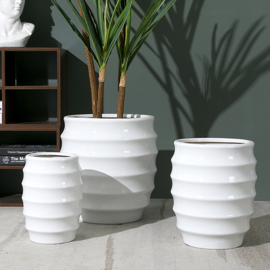 Threaded white extra-large ceramic flowerpot large size 30cm or more striped happiness tree special flowerpot for home living room