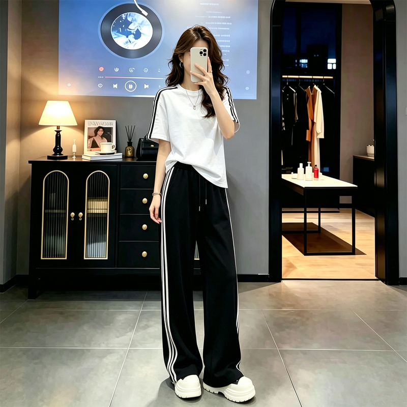 Designed Striped T-Shirt and Wide-Leg Pants Casual Sports Suit for Women, New Summer Korean Style, Loose and Fashionable Outfit Trend