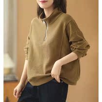 With cotton huffaw half zipped long sleeve sweatshirt woman 2021 spring autumn new Korean version loose with big code upright collar blouses