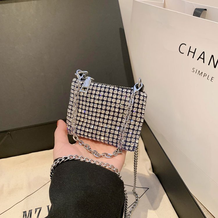 Fashionable Diamond-Encrusted Mini Square Bag for Women, Full Diamond Chain Crossbody Bag, Hand-Held Coin Purse, Bright Diamond Mobile Phone Bag