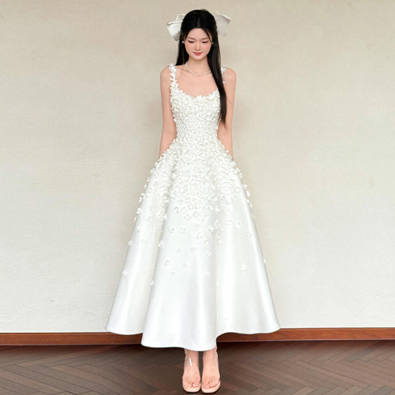 French-Style Spaghetti Strap Evening Dress for Women, White, Suitable for Birthdays, Dates, Coming-Of-Age Ceremonies, Long Dress with Floral Design, Bride, Marriage Registration, Toast Dress