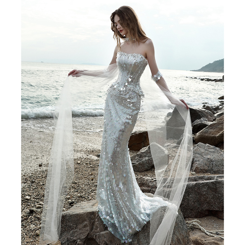 French-Style Strapless Evening Dress for Women, Heavy Sequin Mermaid Dress, Banquet Host, High-End Bride Engagement Toast Dress