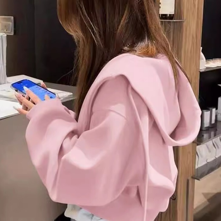 Early Autumn Thin Light Pink Short Hooded Sweatshirt for Women, Layered Loose Fit, Slimming Zipper Jacket, Casual Cardigan