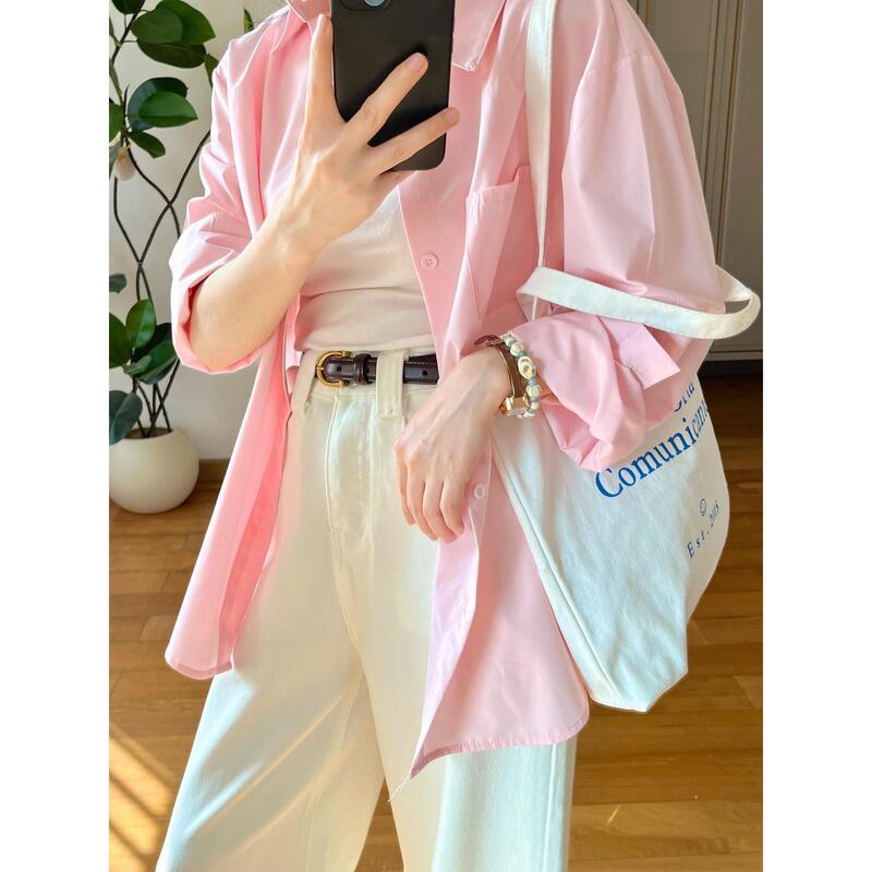 Salt-Style Sweet Light Pink Shirt for Women, Early Spring Design, Basic Long-Sleeved Shirt, Petite Sun Protection Top