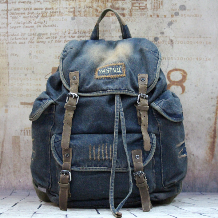 Spring and summer new men's denim student schoolbag retro backpack washing water backpack women's bag travel travel backpack Korean version