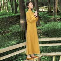 Spring and Autumn retro buckle cotton and linen modified Cheongsam dress long section Chinese national style literary and artistic womens robe skirt