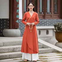 Spring Autumn Chinese Style Tang Dress Jacket Modern Hanfu Womens Clothing Improved Version China Wind Cotton Linen Dress Zen tea Costume Woman