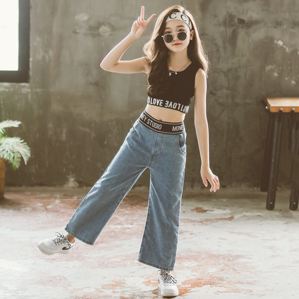 Girls Camisole High Waist Jeans Wide Leg Pants Straight Bar Navel Jazz Dance Hip Dance Sports Two-piece Suit
