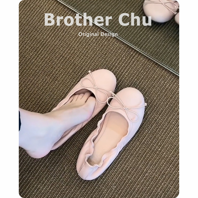 Genuine Leather Version~French-Style Women's Flat Shoes with Bow, Round-Toe Ballet Shoes, Stunning Pink Soft-Soled Rocking Shoes Genuine Leather Version~French-Style Women's Flat Shoes with Bow, Round-Toe Ballet Shoes, Stunning Pink Soft-Soled Rocking Shoes