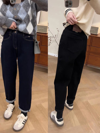 春季新款深蓝色哈伦牛仔裤女显瘦大码胖mm梨形身材裤子直筒老爹裤