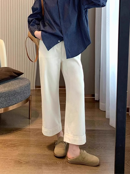 白色直筒牛仔裤女春季新款胖妹妹大码高腰宽松显瘦小个子阔腿裤子