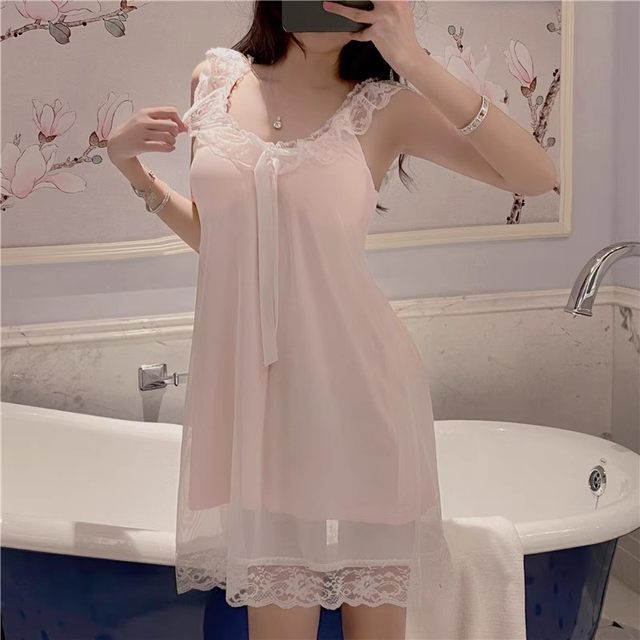 Pure lust style suspender dress nightgown ສໍາລັບແມ່ຍິງທີ່ມີ pads ເຕົ້ານົມ 2024 summer ໃຫມ່ sexy lace home clothes