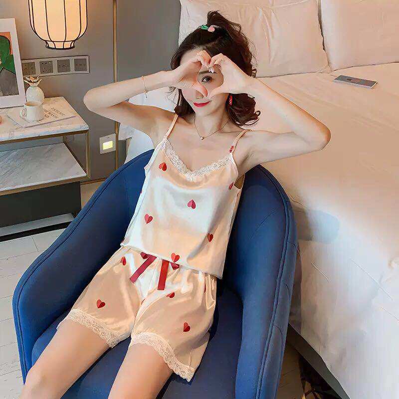 Pajamas women's summer ice silk sexy suspenders cute peach heart two-piece Korean version student real silk thin home clothes