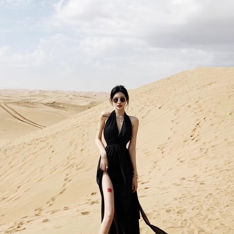 Black Dress from Heidushan, Black Desert Photoshoot, Travel Outfit for Western Sichuan, Great Northwest, Gannan, Xinjiang Women's Summer Fashion