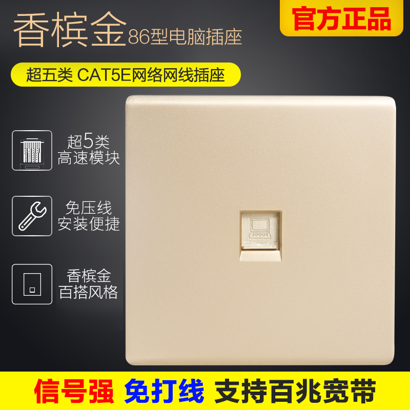 Type 86 Champagne Golden Single Port Internet Socket Panel Broadband Network Road Module Switch Socket panel One computer