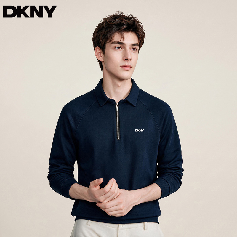 Dkny Men's Long-Sleeved Polo Shirt with Jacquard Texture, Saddle Shoulder, Half-Zip, Turn-Down Collar T-Shirt for Autumn
