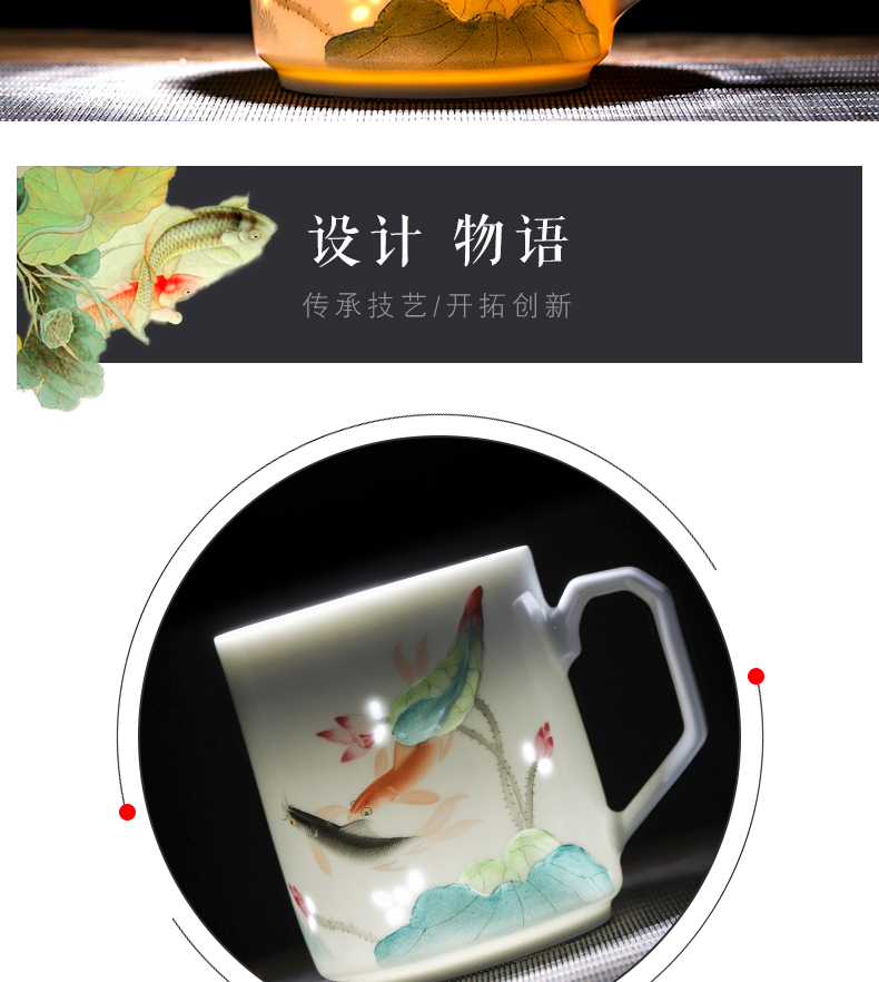 Jingdezhen ceramic cups pure hand - made cover cup of big capacity office mercifully cup gift cup lotus carp cup