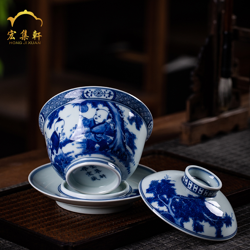 Only three pure manual maintain jingdezhen blue and white lad characters tureen teapot tea cups kunfu tea tea