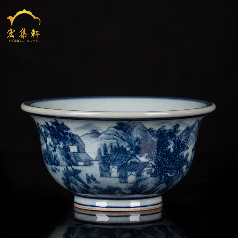 Hand draw archaize yongle blue and white landscape cup triangle flowers pattern circle pressure Hand cup master cup one cup of jingdezhen ceramic kung fu tea cups