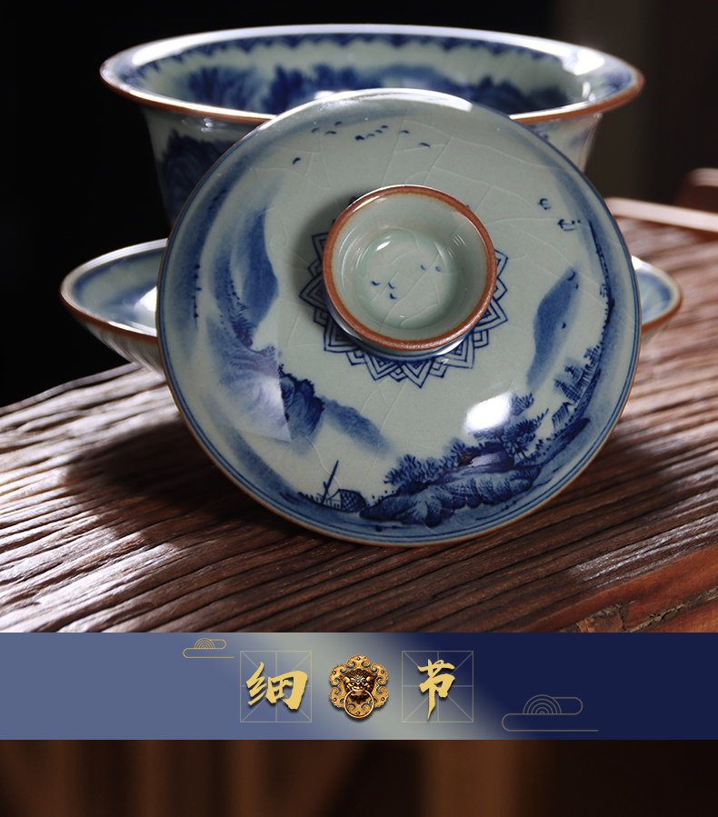 Maintain tureen jingdezhen ceramic only three tureen large blue and white triangle flowers pattern circle hand - made scenery kung fu tea tea bowl