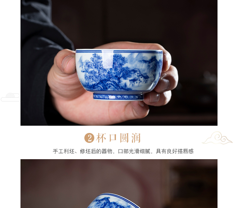 Kung fu masters cup ceramic cups jingdezhen blue and white landscape tea sample tea cup, hand draw archaize ceramics by hand