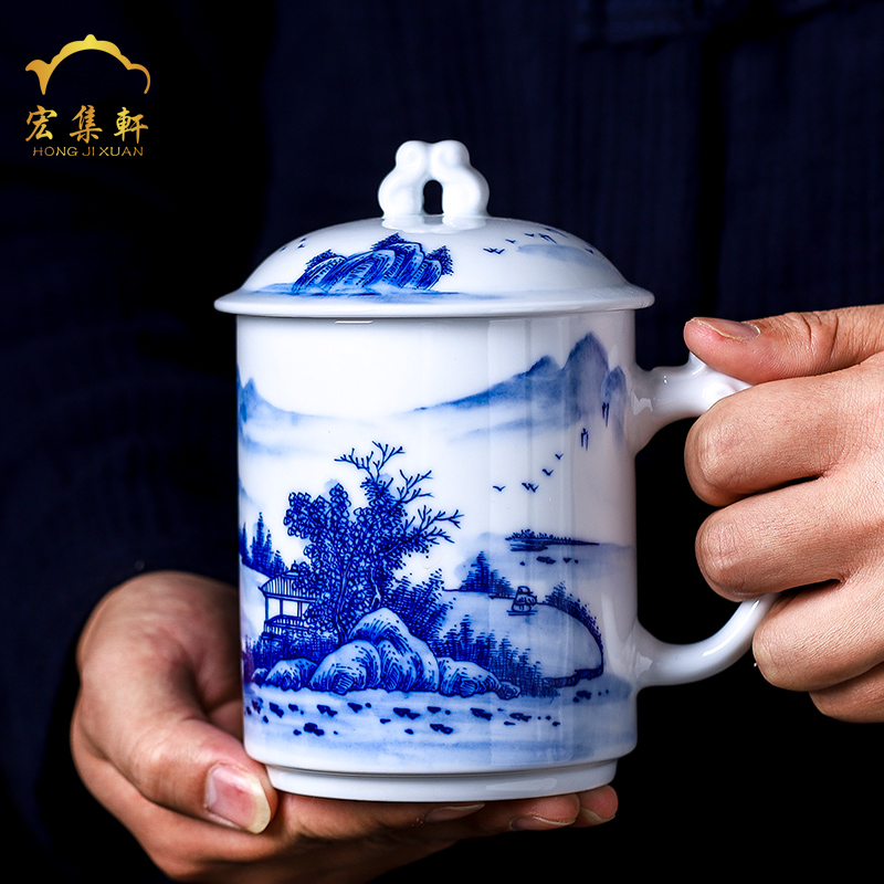Jingdezhen porcelain teacup tea cup office take cover hand - made scenery male large capacity high water cup