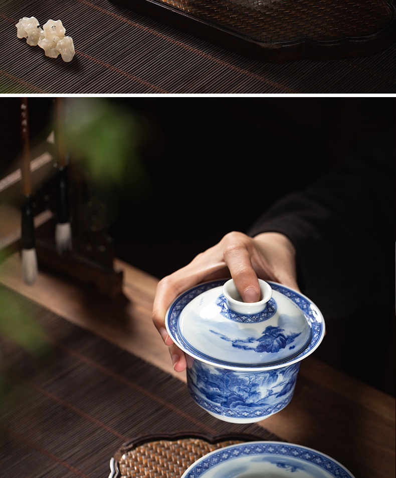 Macro sets hin jingdezhen tureen hand - drawn work full of blue and white landscape three to make tea tureen white porcelain cups in large bowl