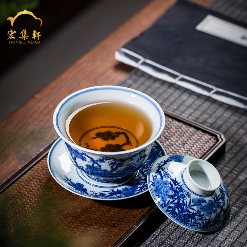 Jingdezhen firewood tureen hand - made ceramic tea set Chinese blue and white only maintain three tureen bowl cups by hand