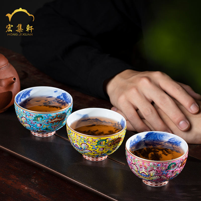 Colored enamel tea sets jingdezhen blue and white landscape paint cup master kung fu tea cup single cup sample tea cup