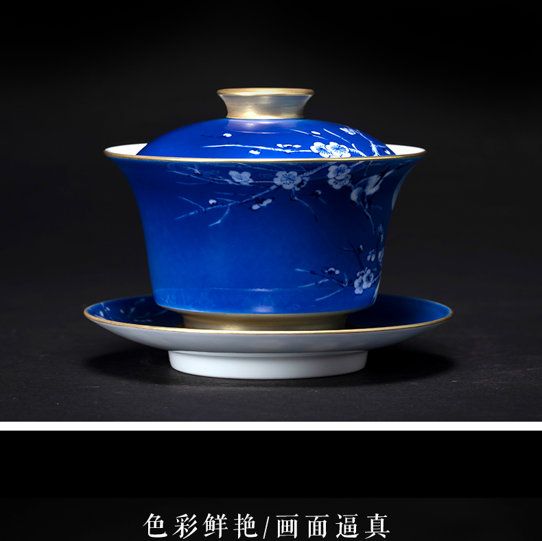 Jingdezhen blue and white painting of flowers and tea tureen hand - made ceramic tea tureen large bowl of kung fu tea set three tureen