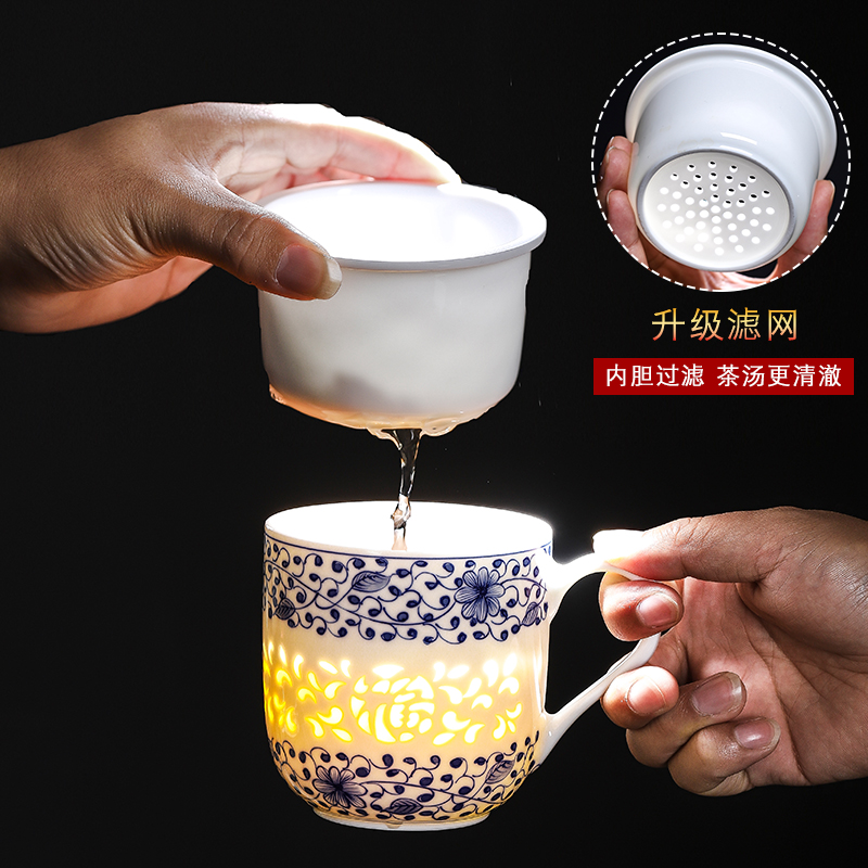 Jingdezhen porcelain hand - made cup pure manual office large capacity filter cover cup tea cup linglong cup under the glaze