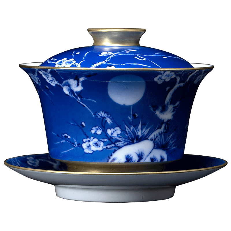 Jingdezhen blue and white painting of flowers and tea tureen hand - made ceramic tea tureen large bowl of kung fu tea set three tureen